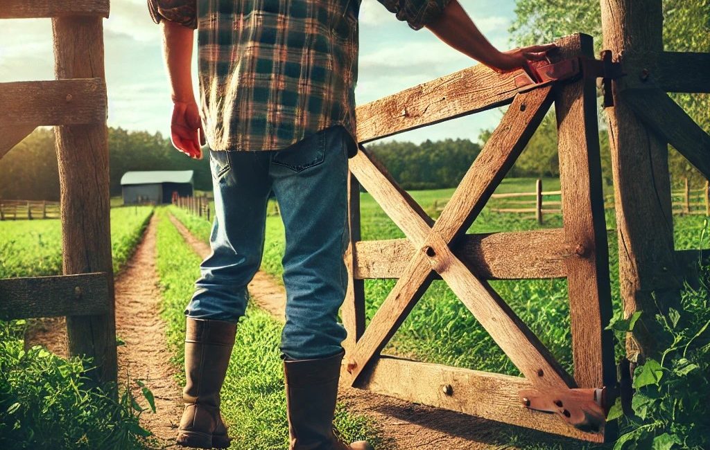 Image générique pour représenter les servitudes réelles_fermier qui ouvre portail en bois sur terre agricole