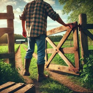Image générique pour représenter les servitudes réelles_fermier qui ouvre portail en bois sur terre agricole